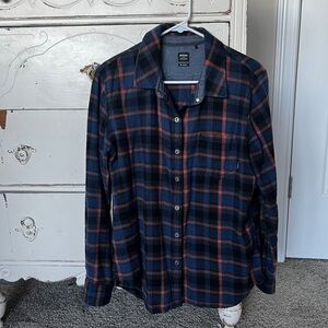 Womens Prana Golden Canyon flannel Navy and Orange Plaid Shirt size M